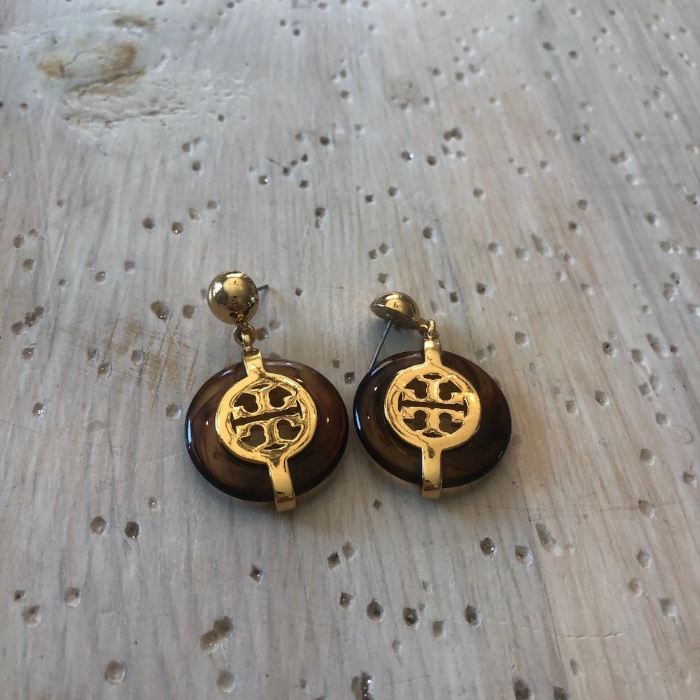 Tory Burch tortoise shell and gold logo earrings